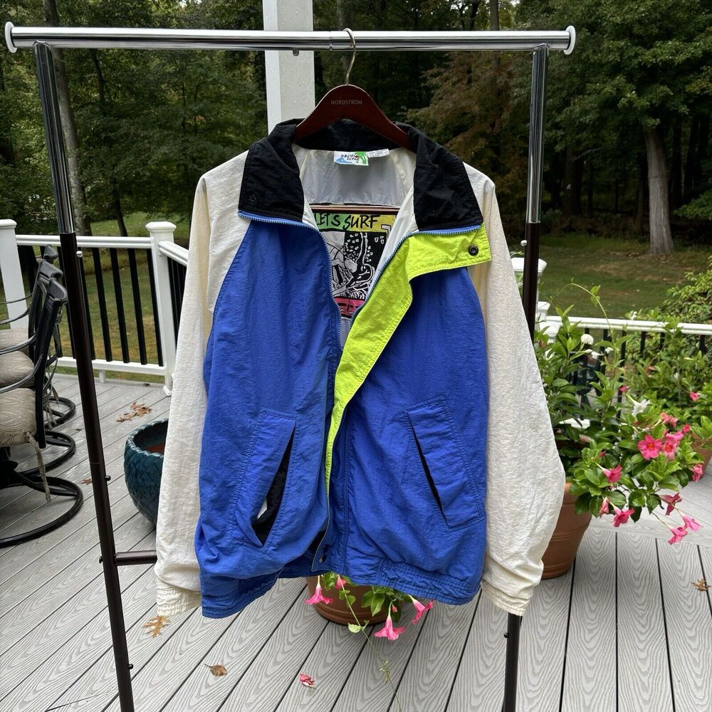 Vintage 90s Surf Windbreaker Jacket Pacific Scene Colorblock Sz Large Blue White